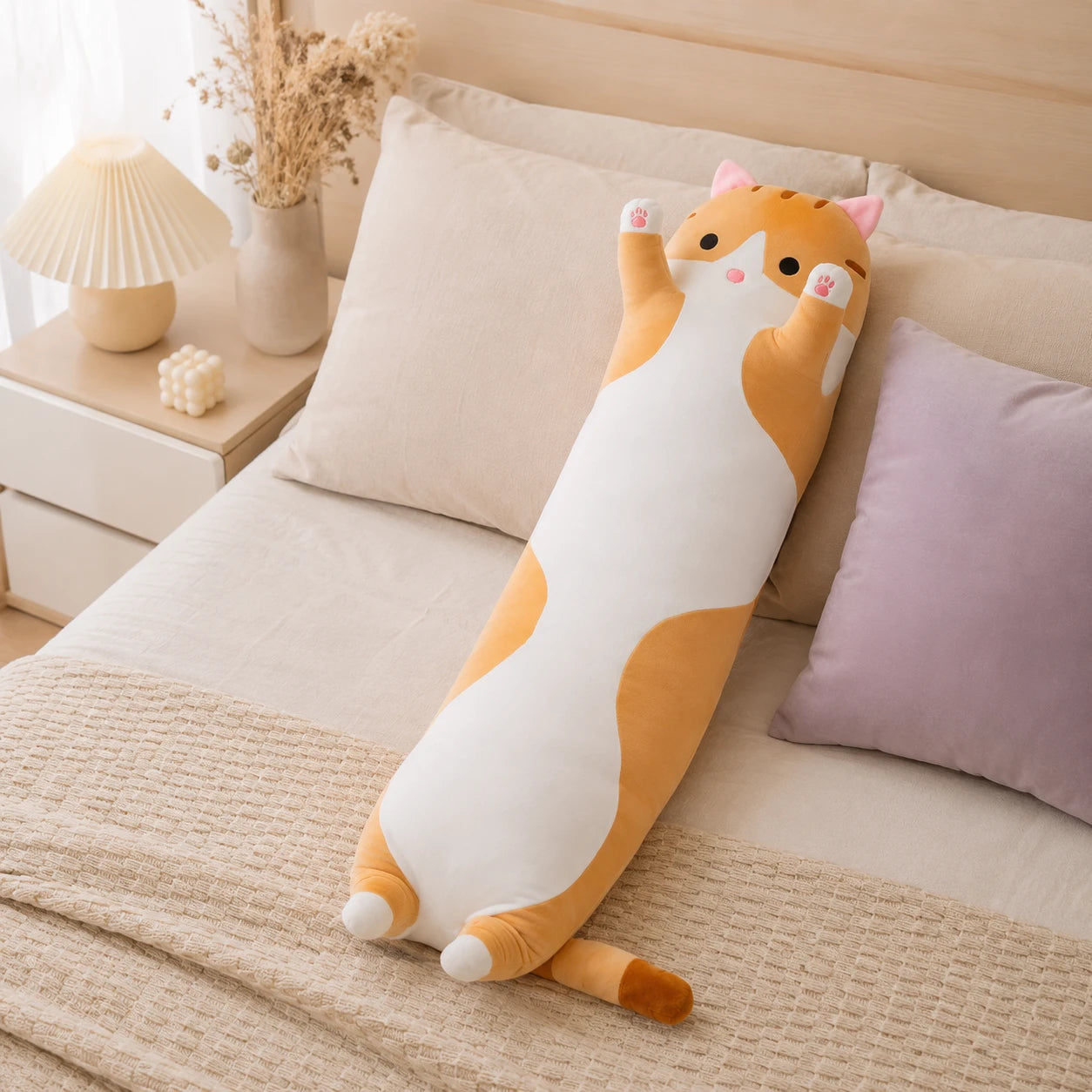 Peluche coussin long chat tigré orange - mise en situation