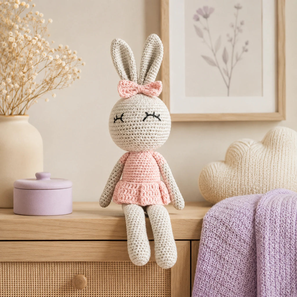 Poupée lapin au crochet posée sur une commode dans une chambre douce