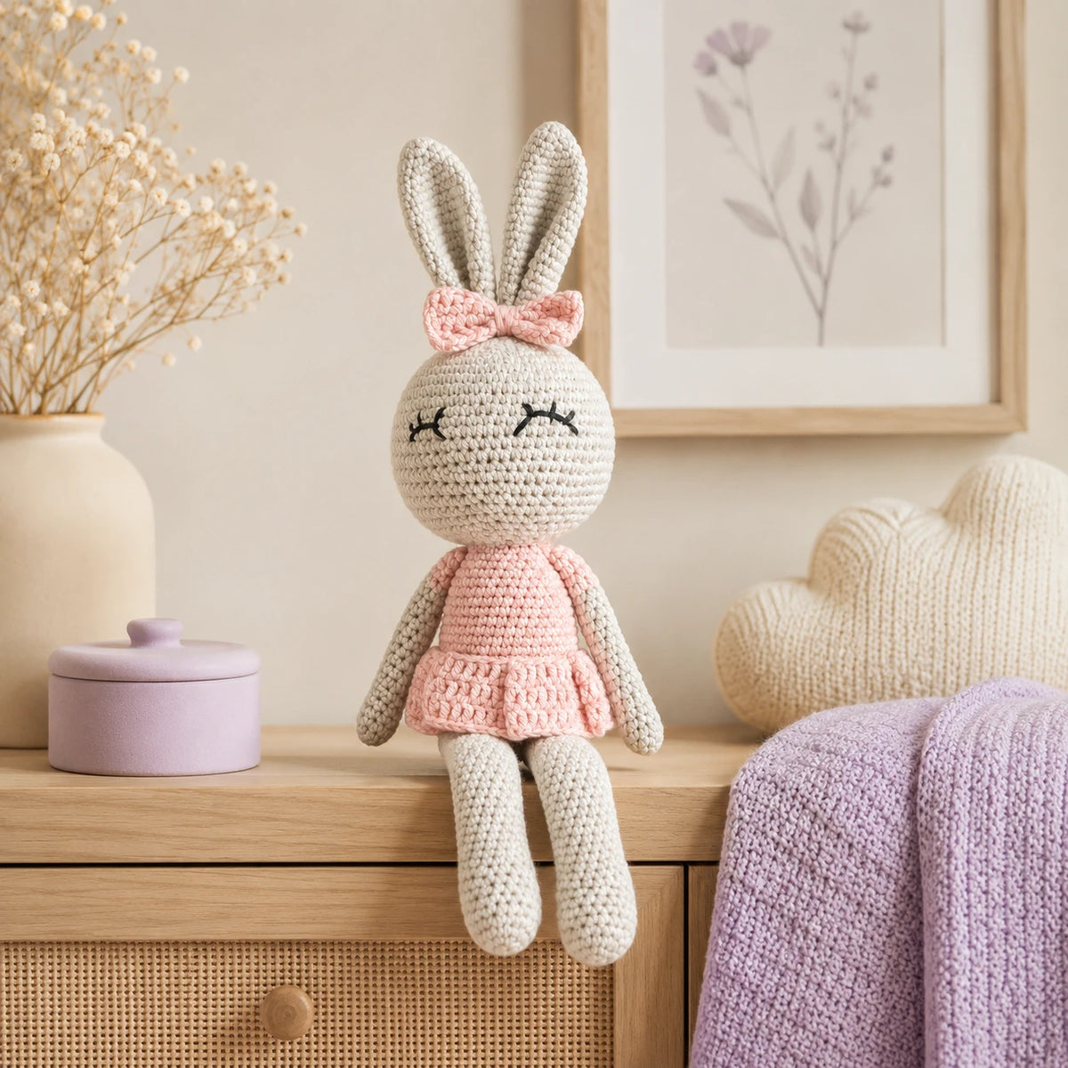 Poupée lapin au crochet posée sur une commode dans une chambre douce