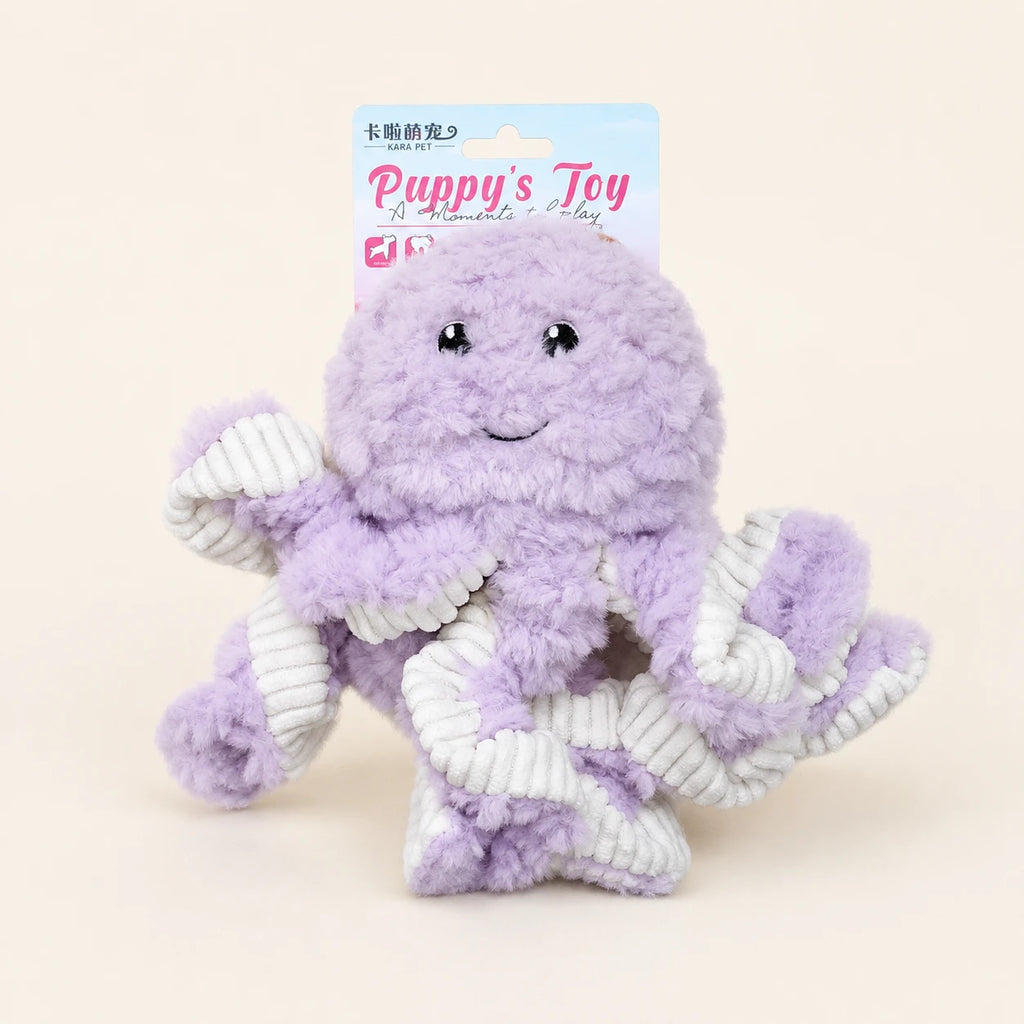 Jouet peluche pieuvre violette pour chien, fond ivoire