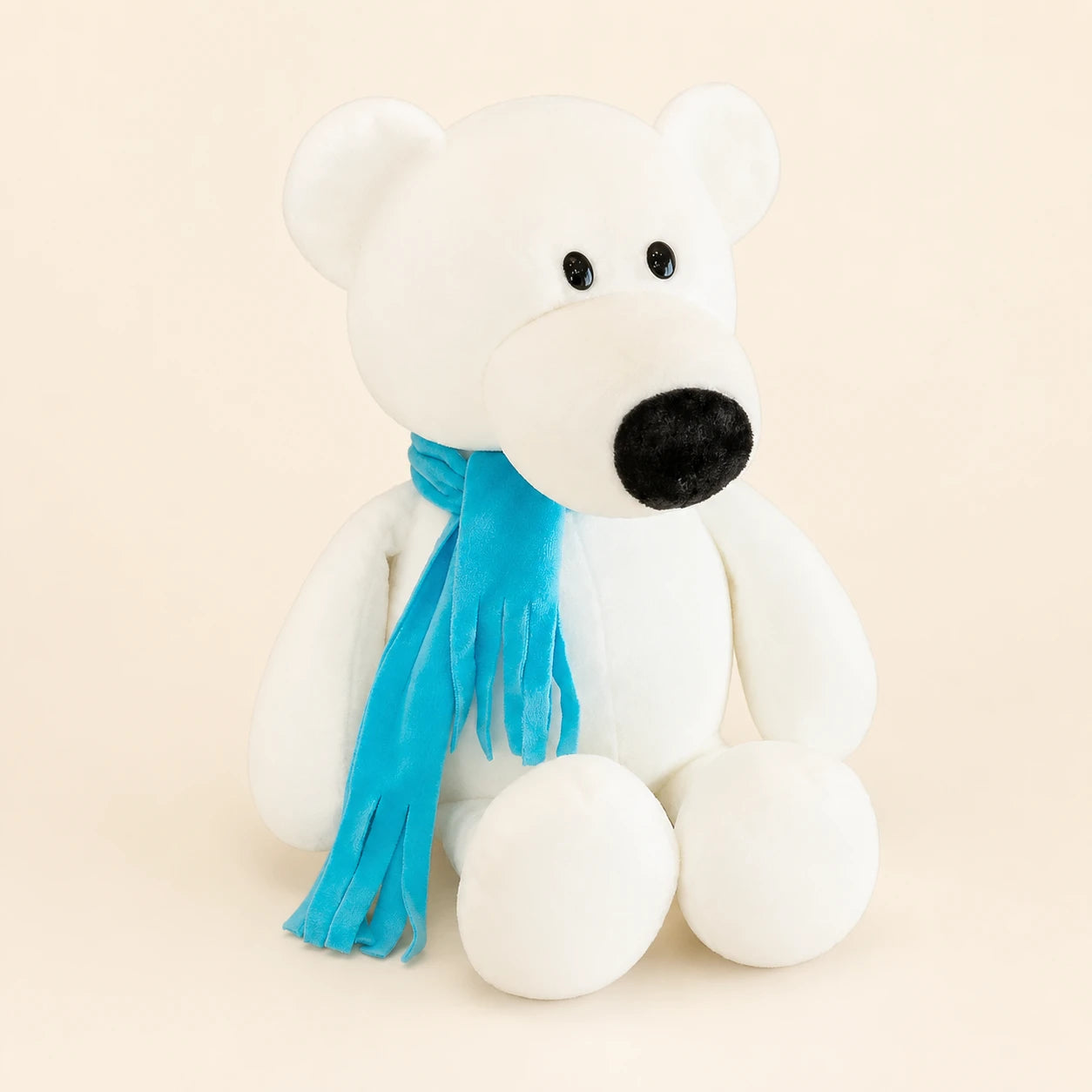 Peluche ours polaire blanc à écharpe bleue, vue principale, fond ivoire
