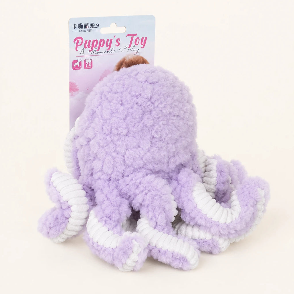 Jouet peluche pieuvre pour chien vue de dos, fond ivoire