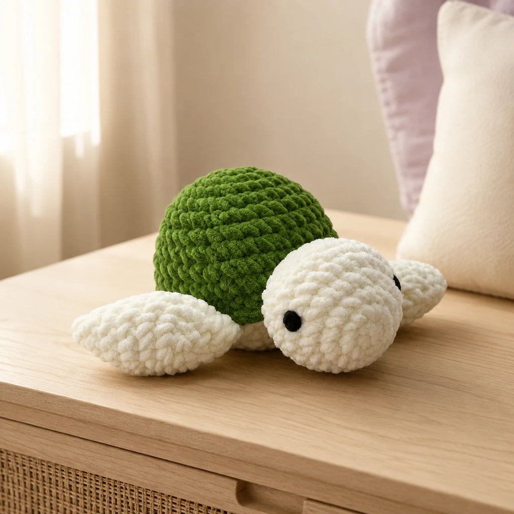 Peluche tortue au crochet verte en situation dans un intérieur cosy