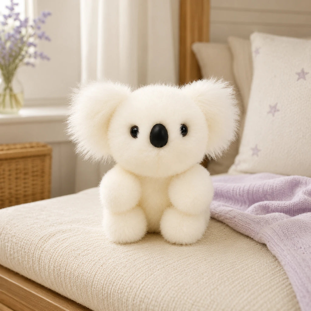 Peluche koala blanche posée sur un lit douillet, ambiance chaleureuse