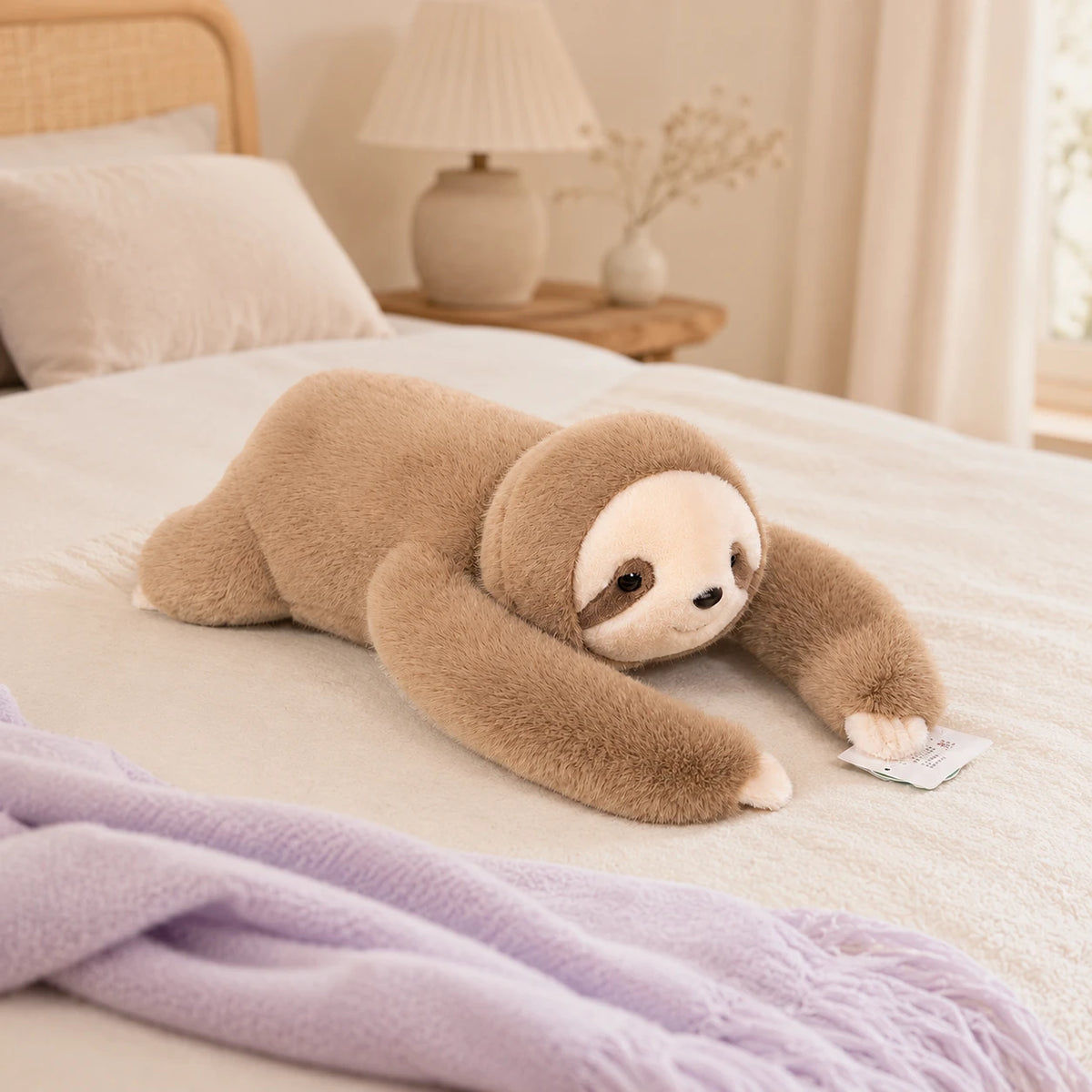 Peluche paresseux beige allongée sur un lit douillet