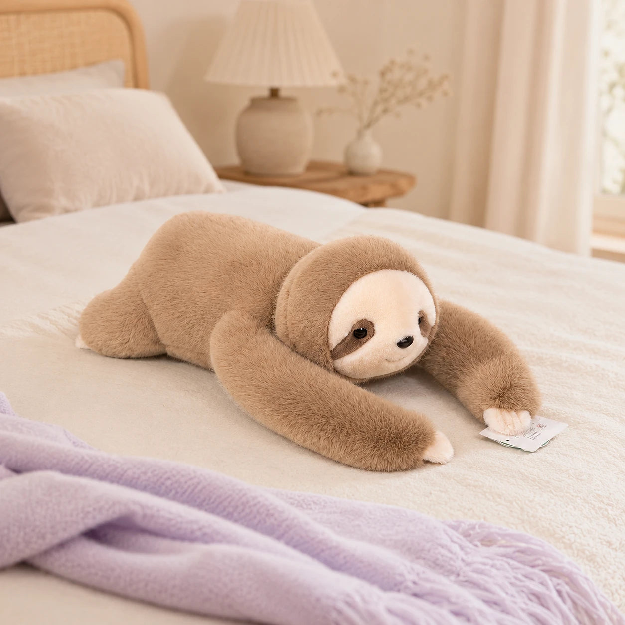 Peluche paresseux beige allongée sur un lit douillet