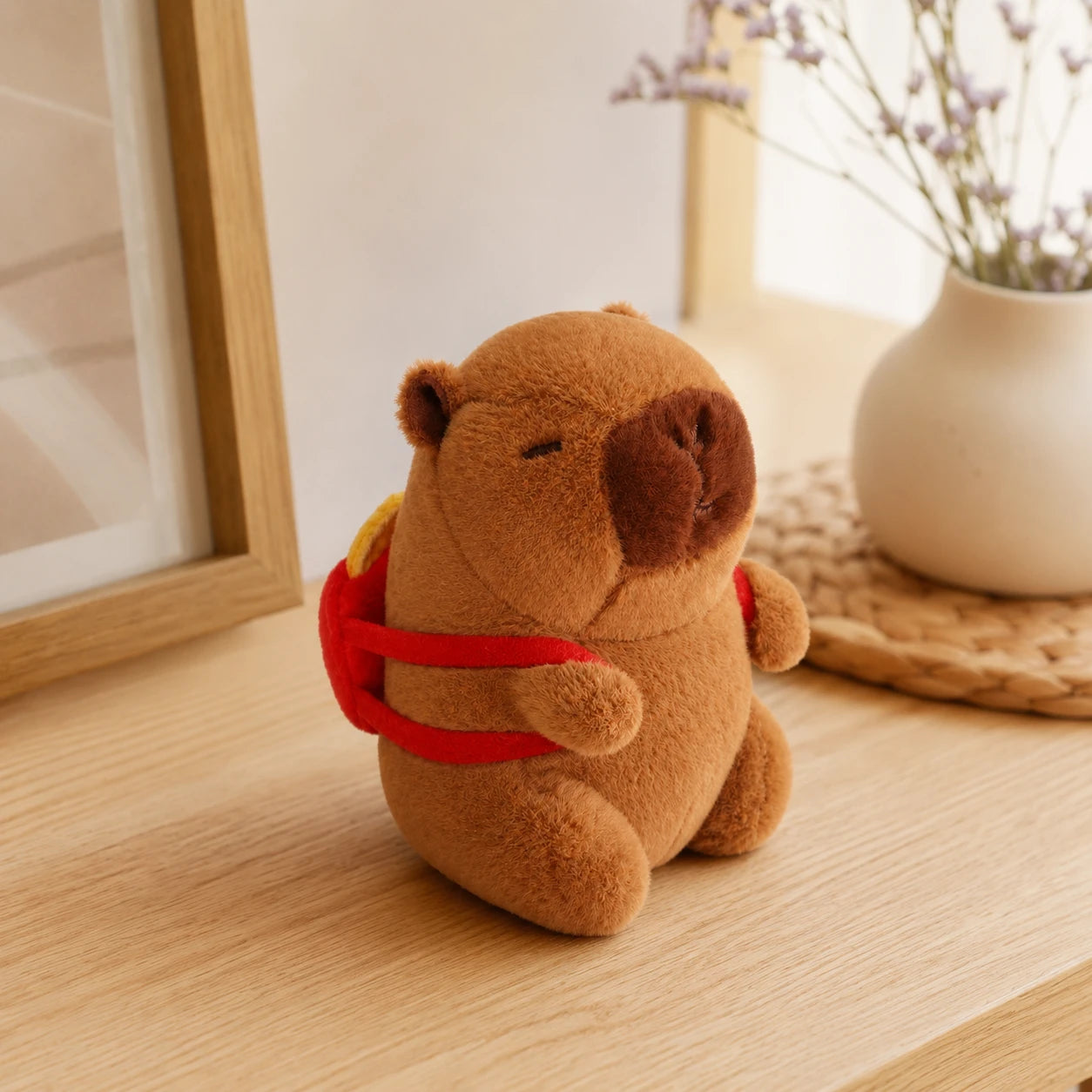 Peluche capybara posée sur une table en bois, mise en situation