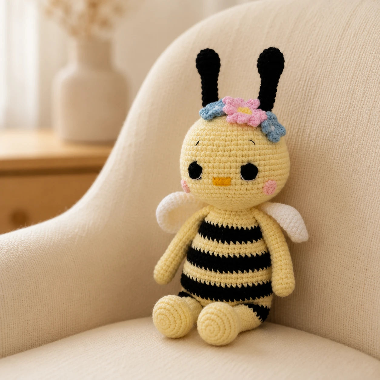 Peluche abeille en crochet posee dans un interieur chaleureux