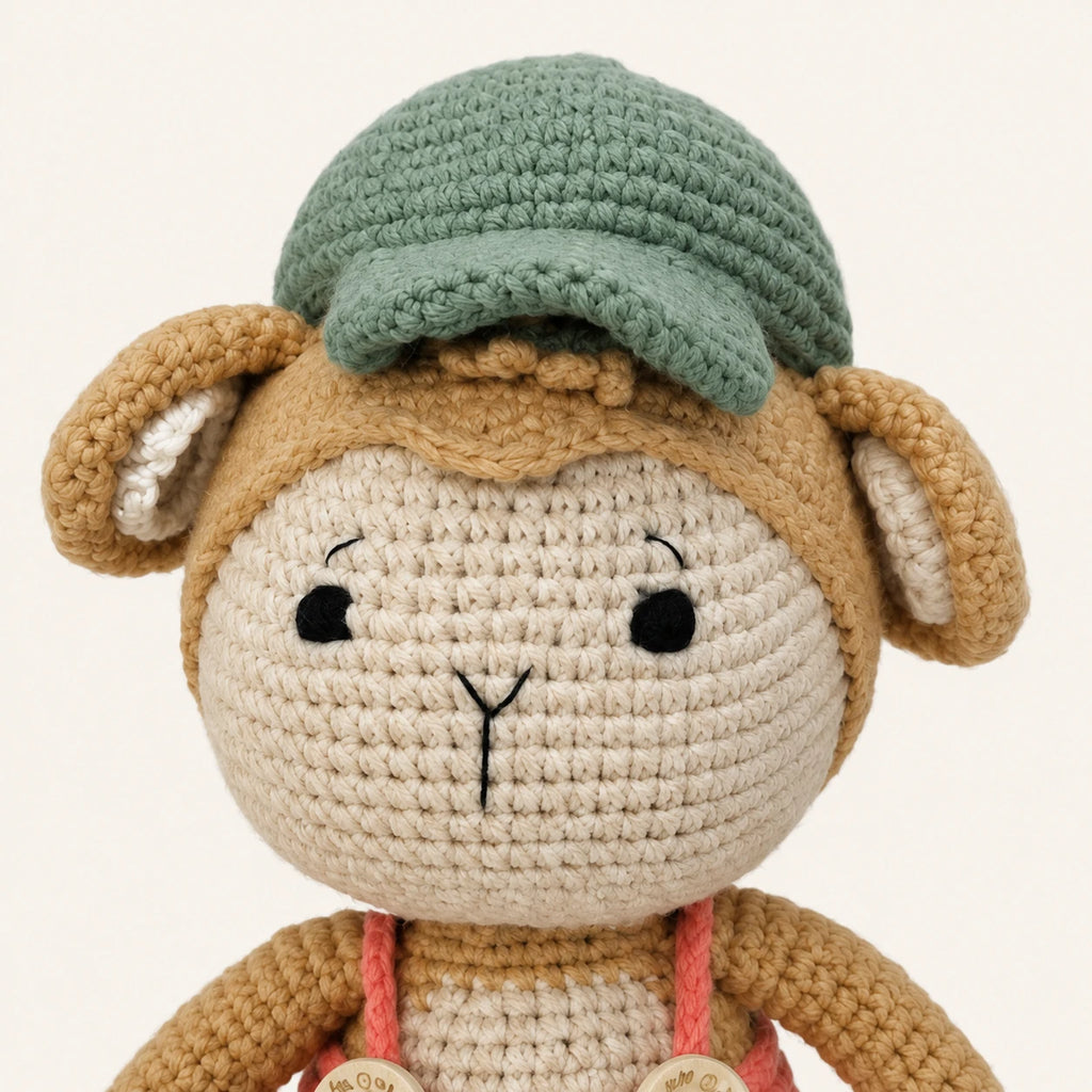 Gros plan sur le visage et la maille de la peluche singe
