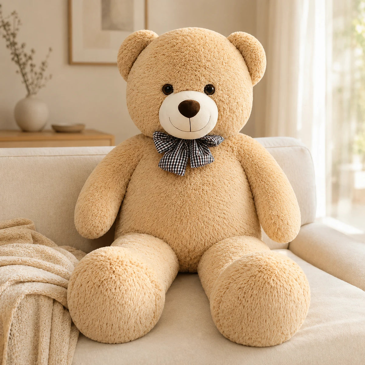Grand ours en peluche 105 cm pose dans un salon chaleureux