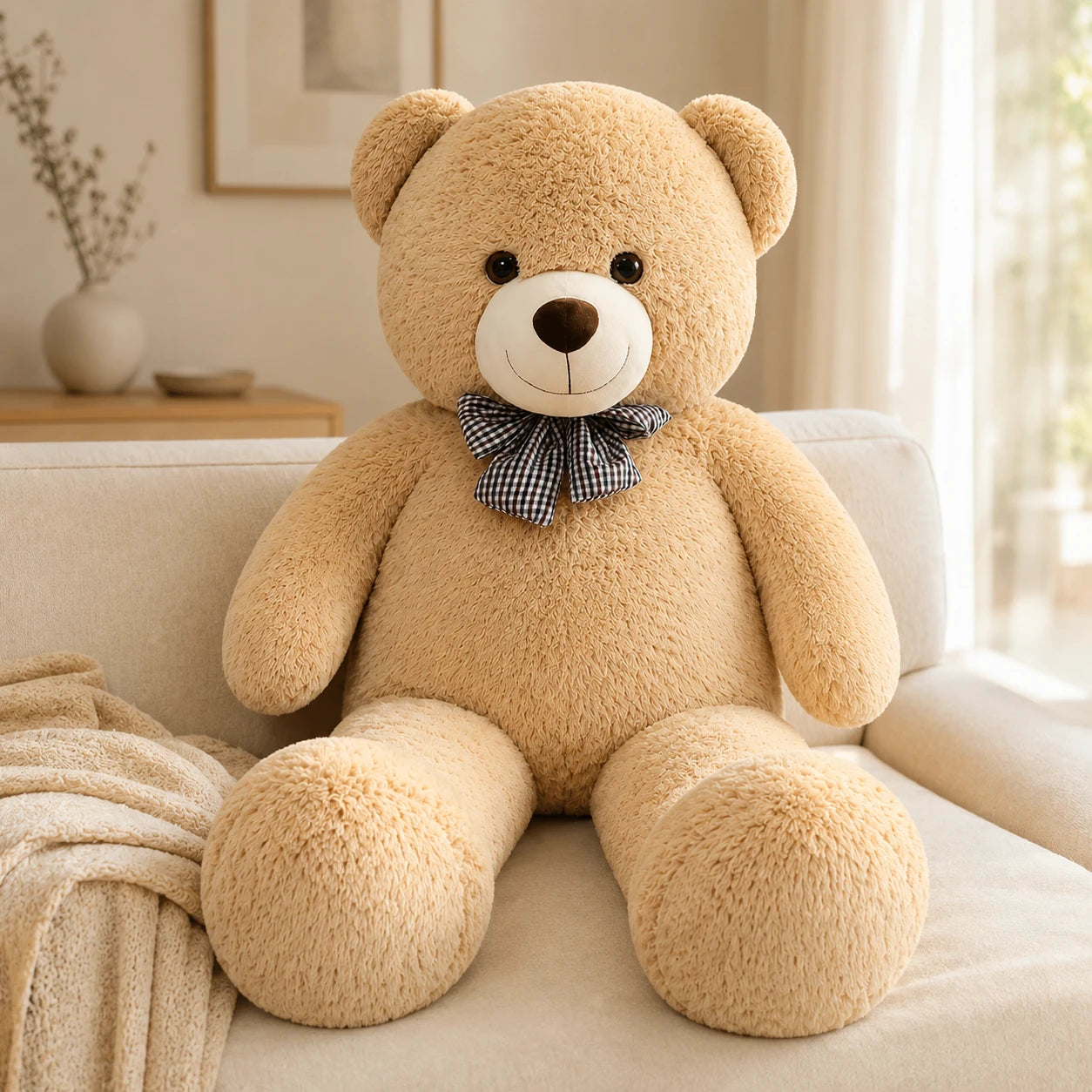 Grand ours en peluche 105 cm pose dans un salon chaleureux