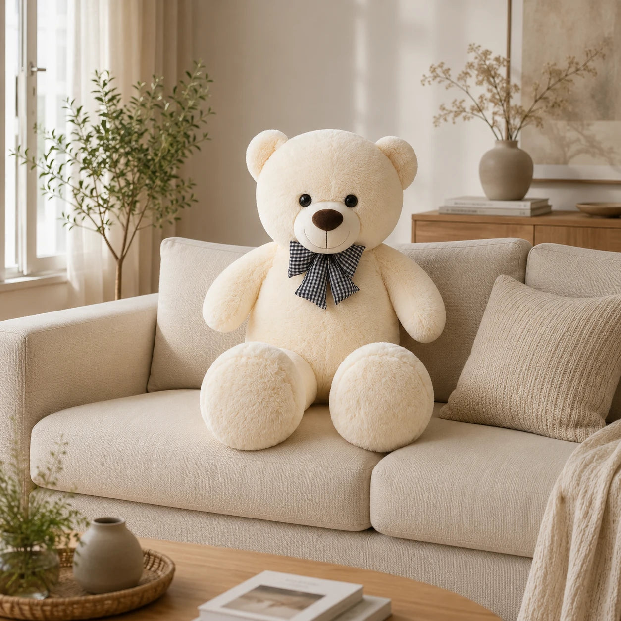 Grand ours en peluche blanc 105 cm pose sur un canape creme
