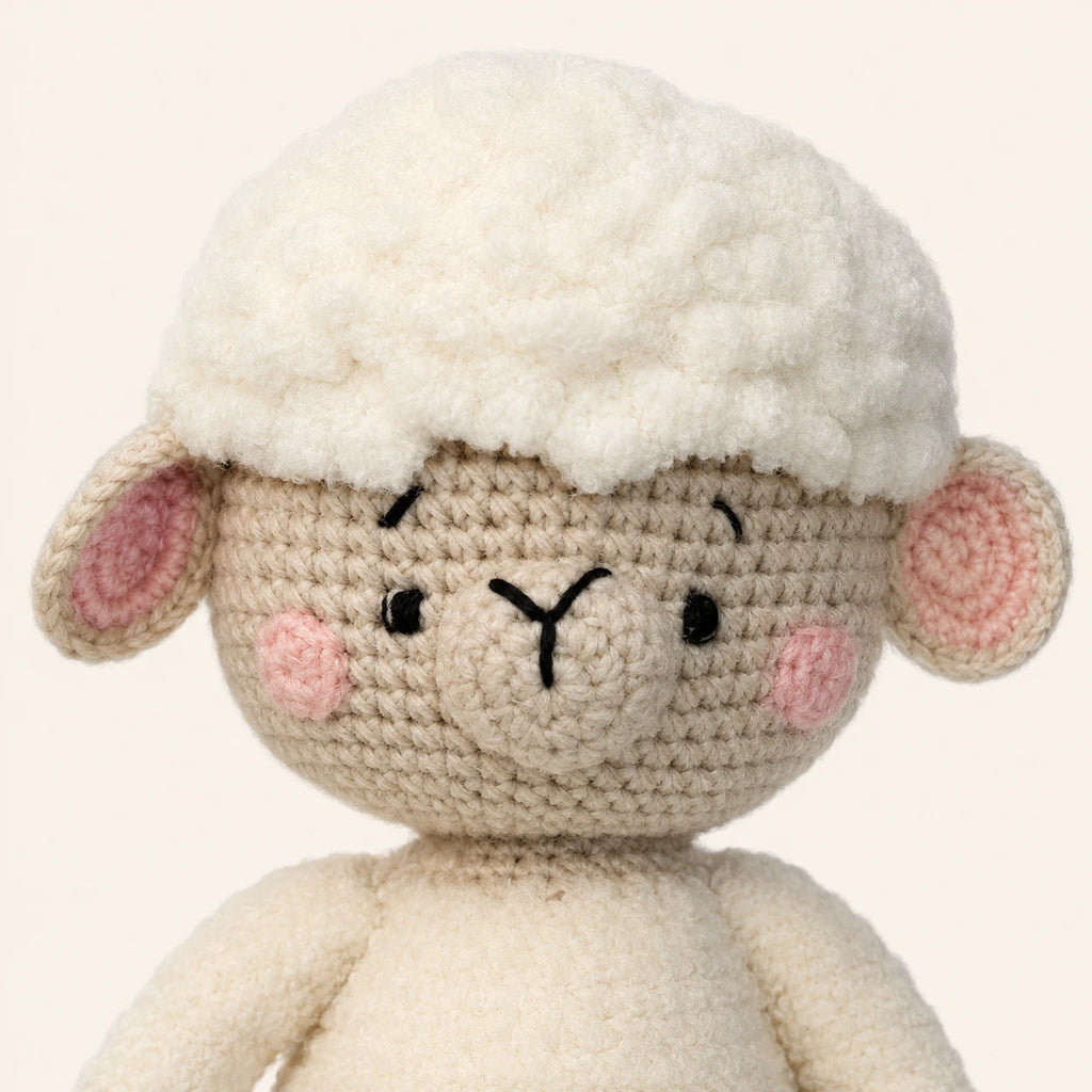 Gros plan sur le visage et la maille de la peluche mouton
