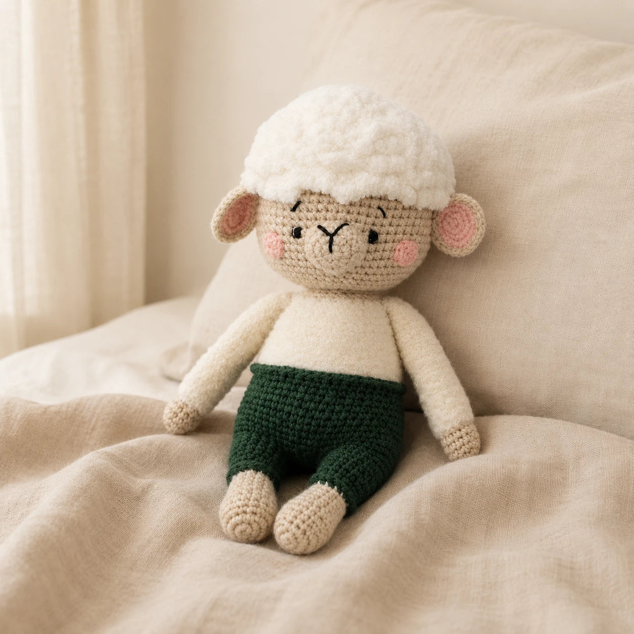 Peluche mouton en crochet posee dans un interieur chaleureux