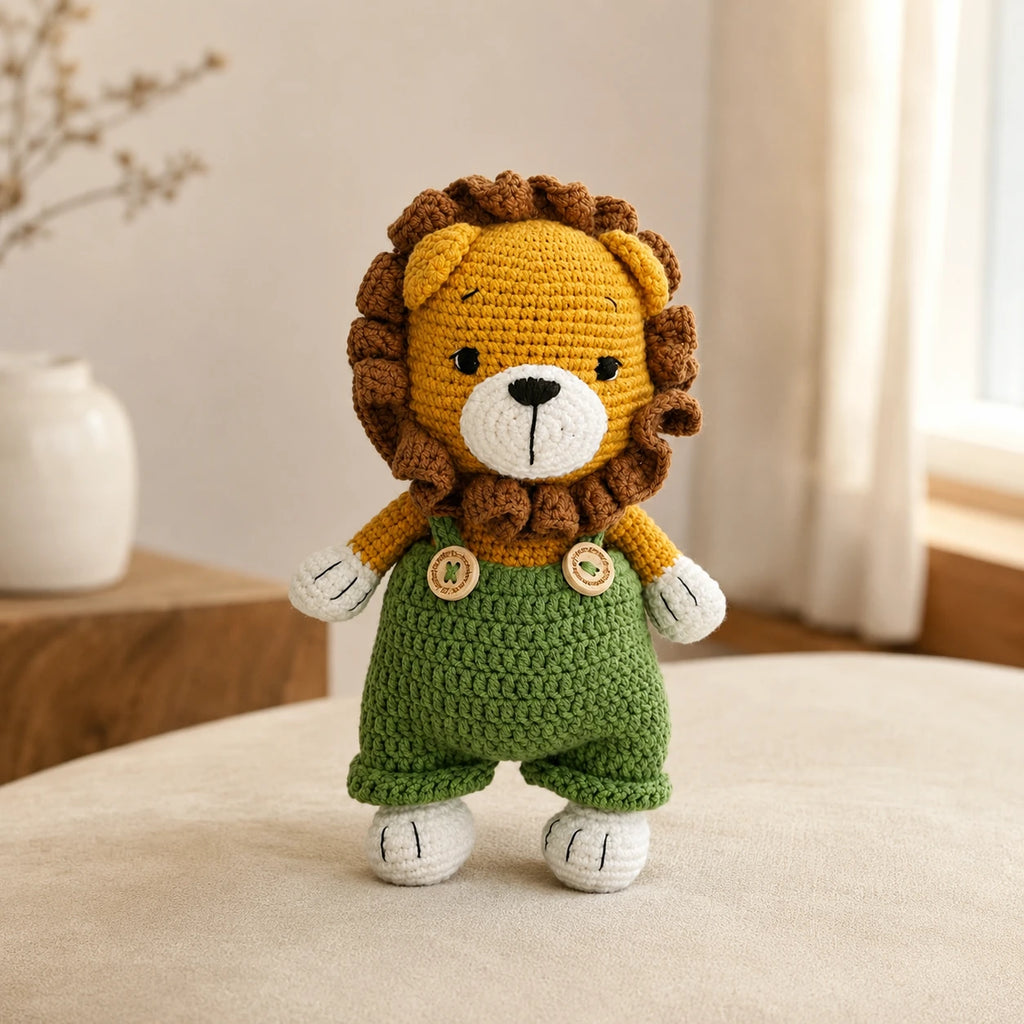 Peluche lion en situation dans un interieur