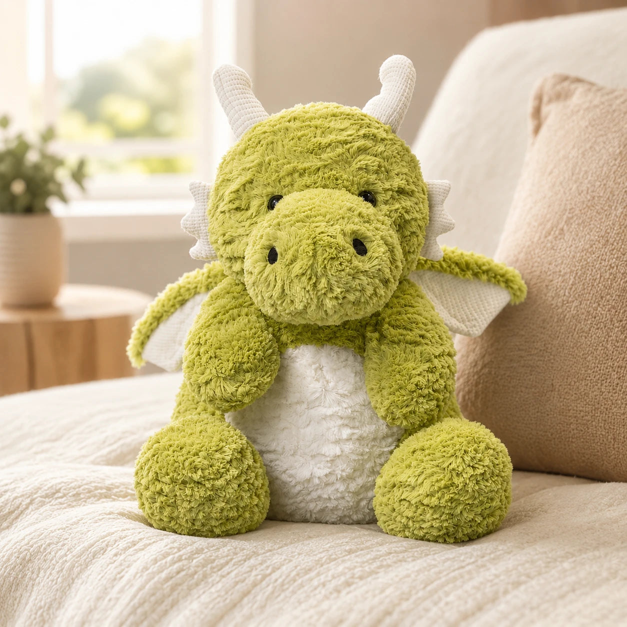 Peluche dragon vert en situation dans un interieur