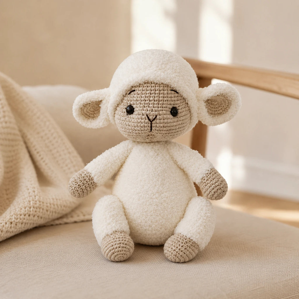 Peluche mouton au crochet en situation dans un interieur