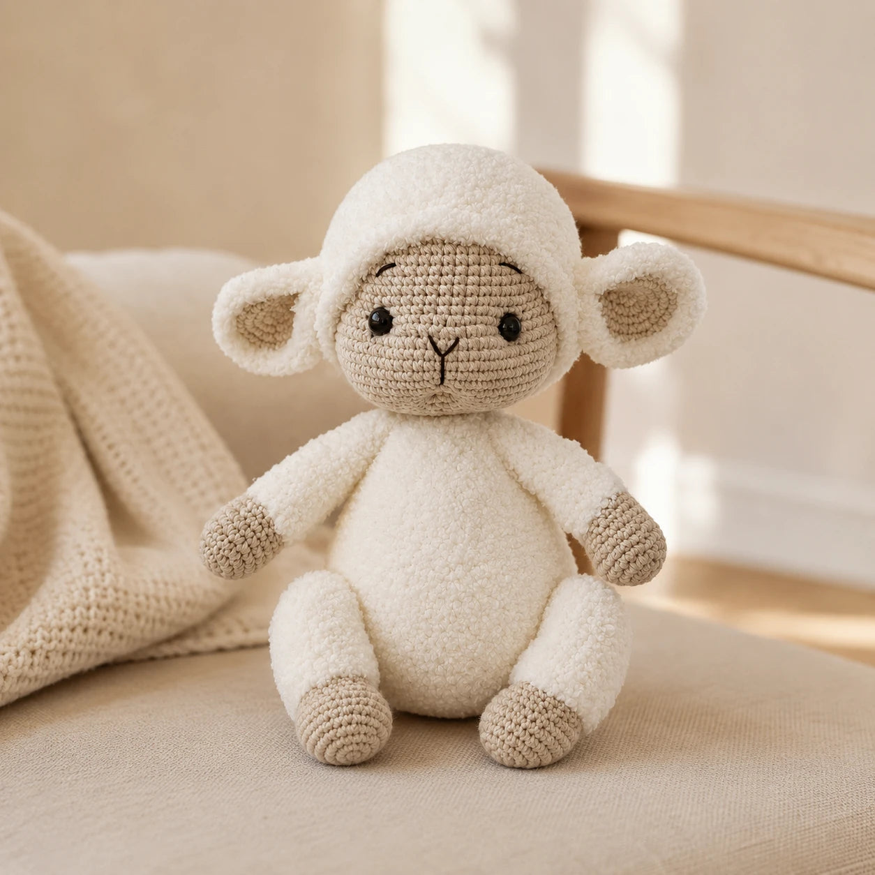 Peluche mouton au crochet en situation dans un interieur