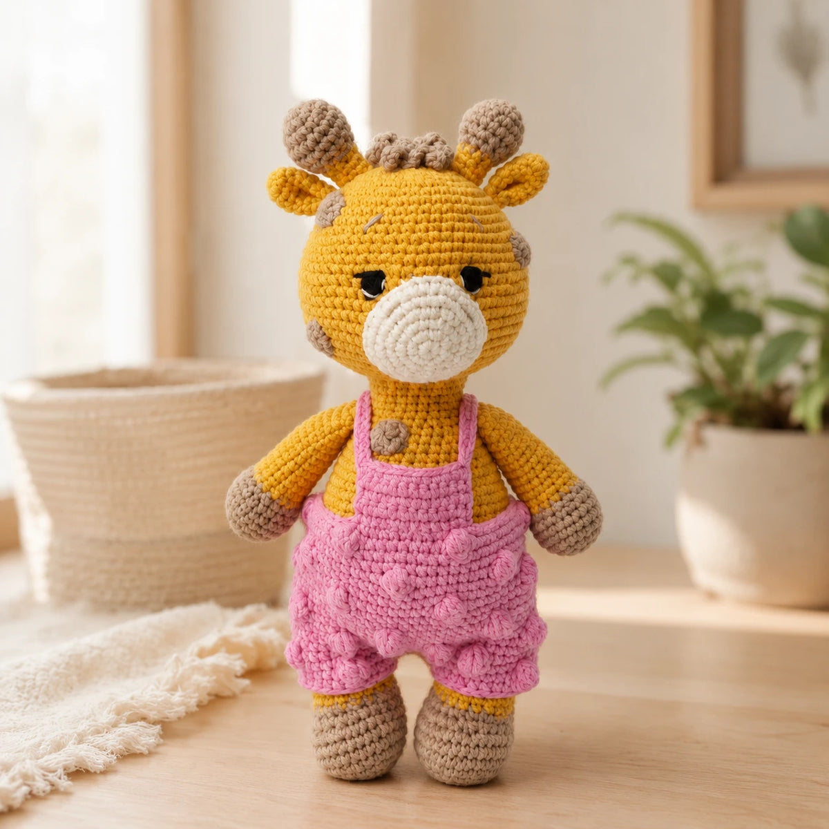 Peluche girafe au crochet en situation dans un interieur