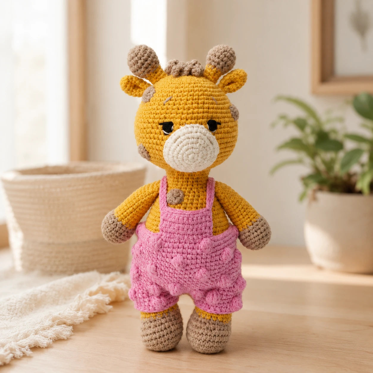 Peluche girafe au crochet en situation dans un interieur
