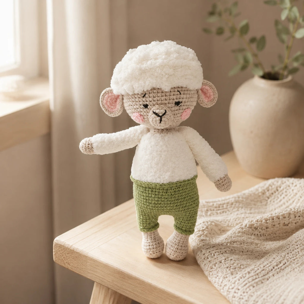 Peluche agneau au crochet en situation dans un interieur