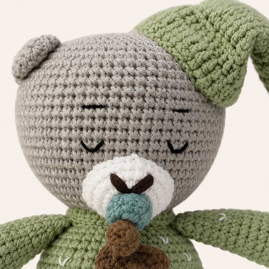 Gros plan sur le visage et la texture crochetee de la peluche ourson
