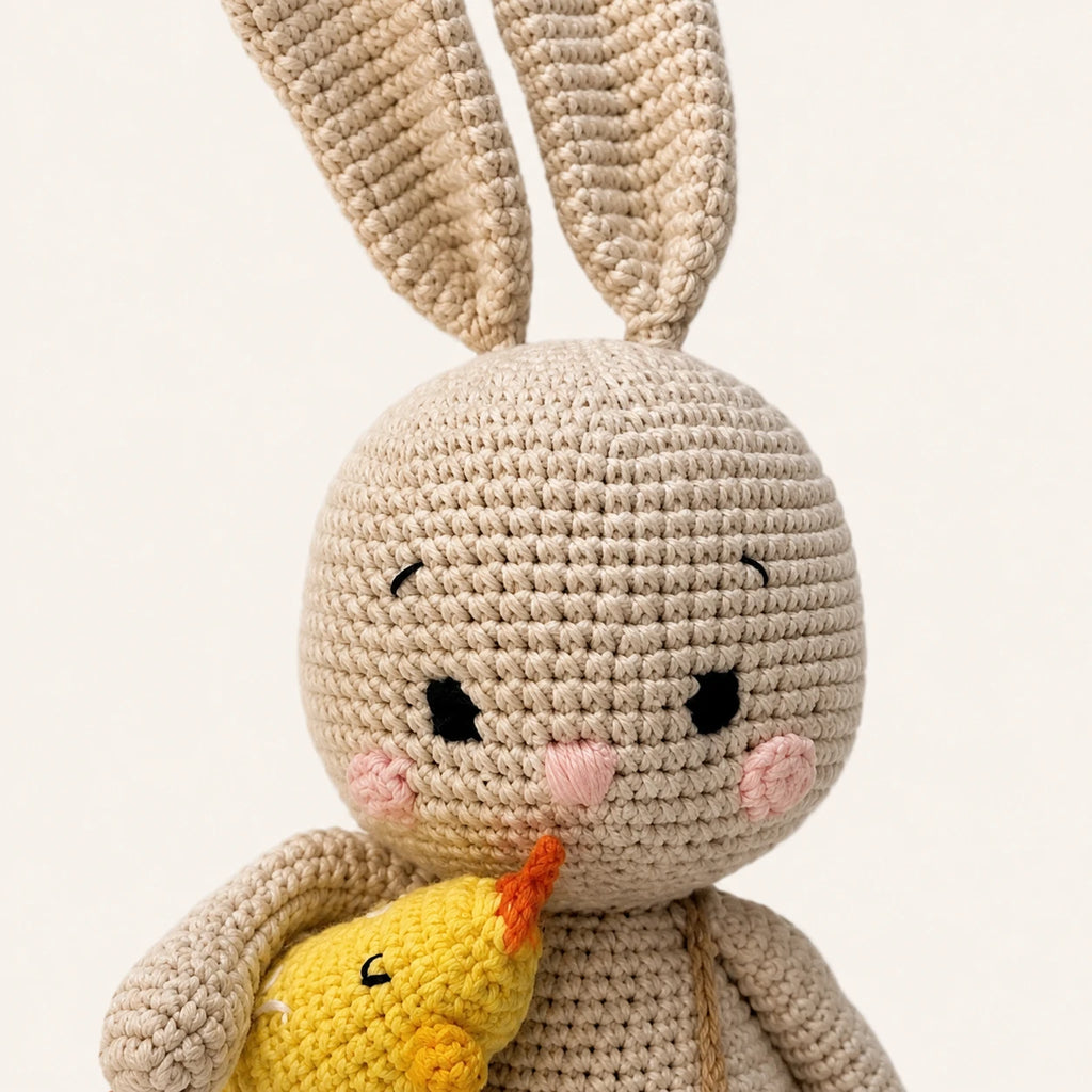Gros plan sur le visage et la texture crochetee de la peluche lapin