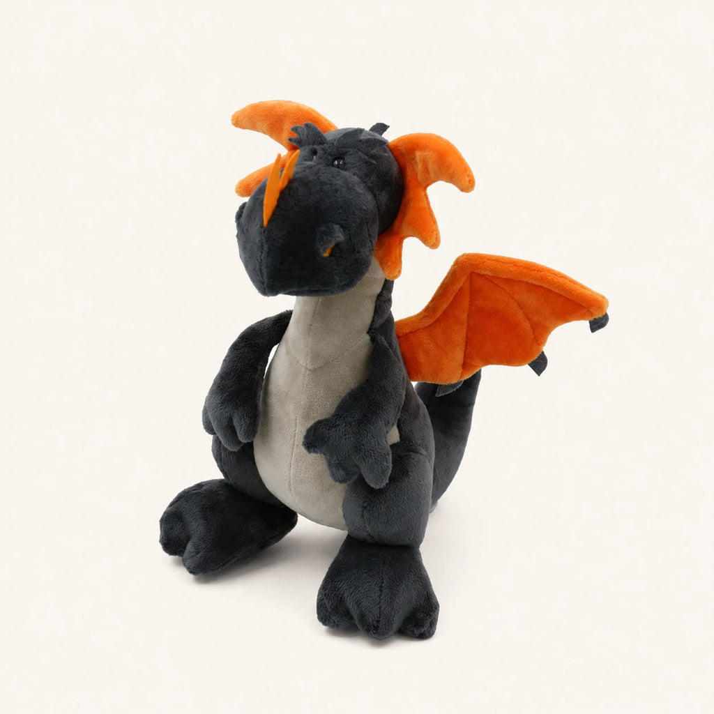 Peluche dragon gris fonce ailes orange vue de face