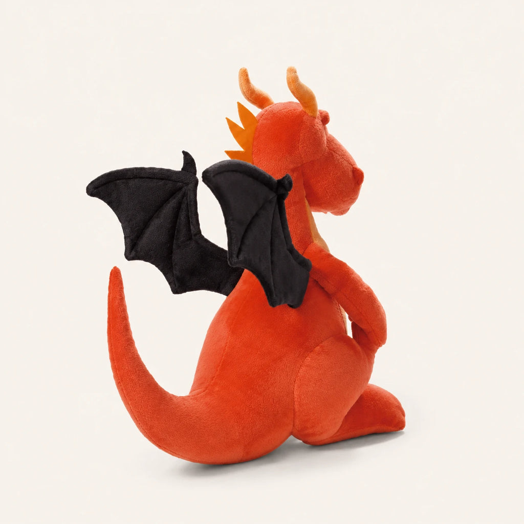 Peluche dragon orange vue de trois quarts arriere