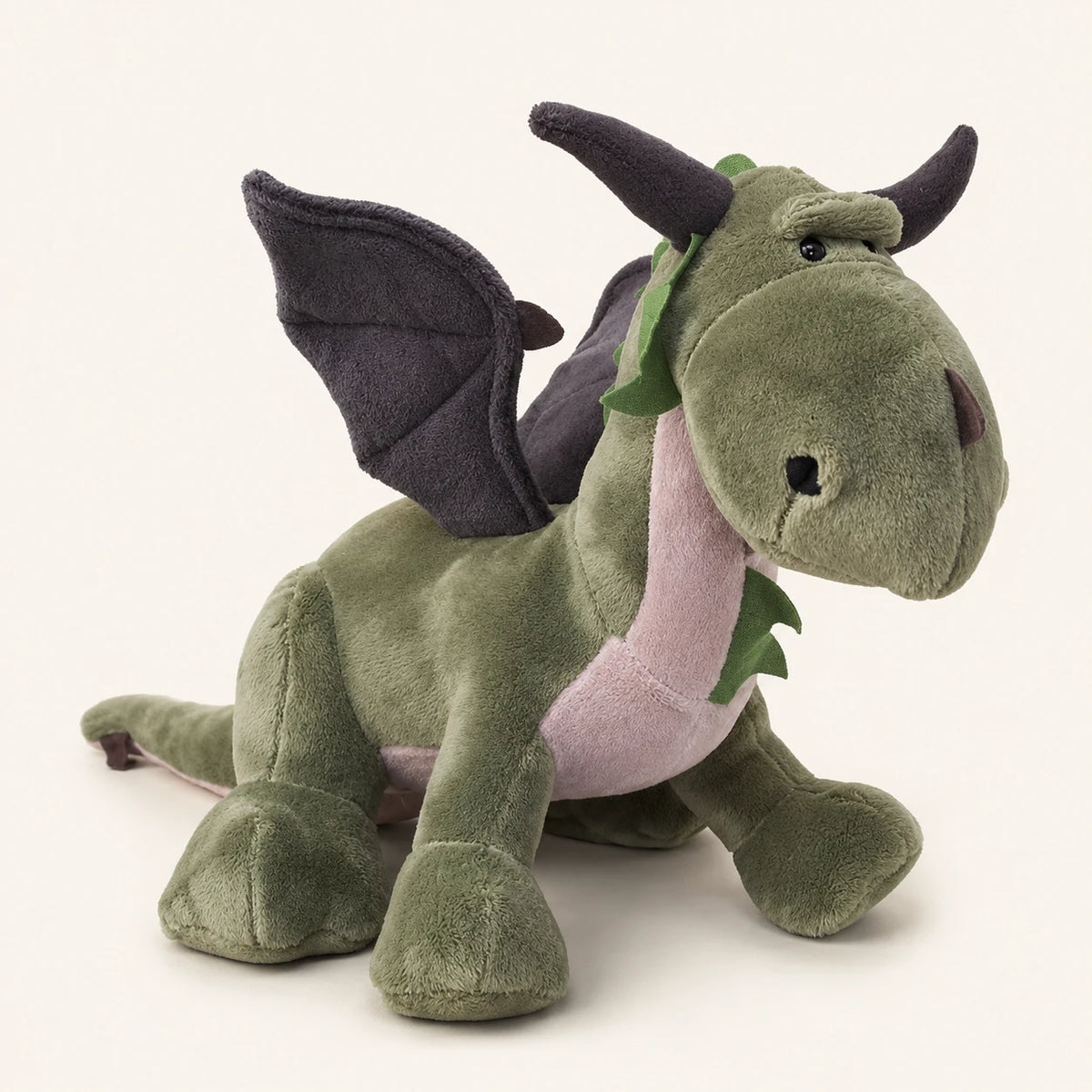 Peluche dragon vert olive ailes grises vue de face
