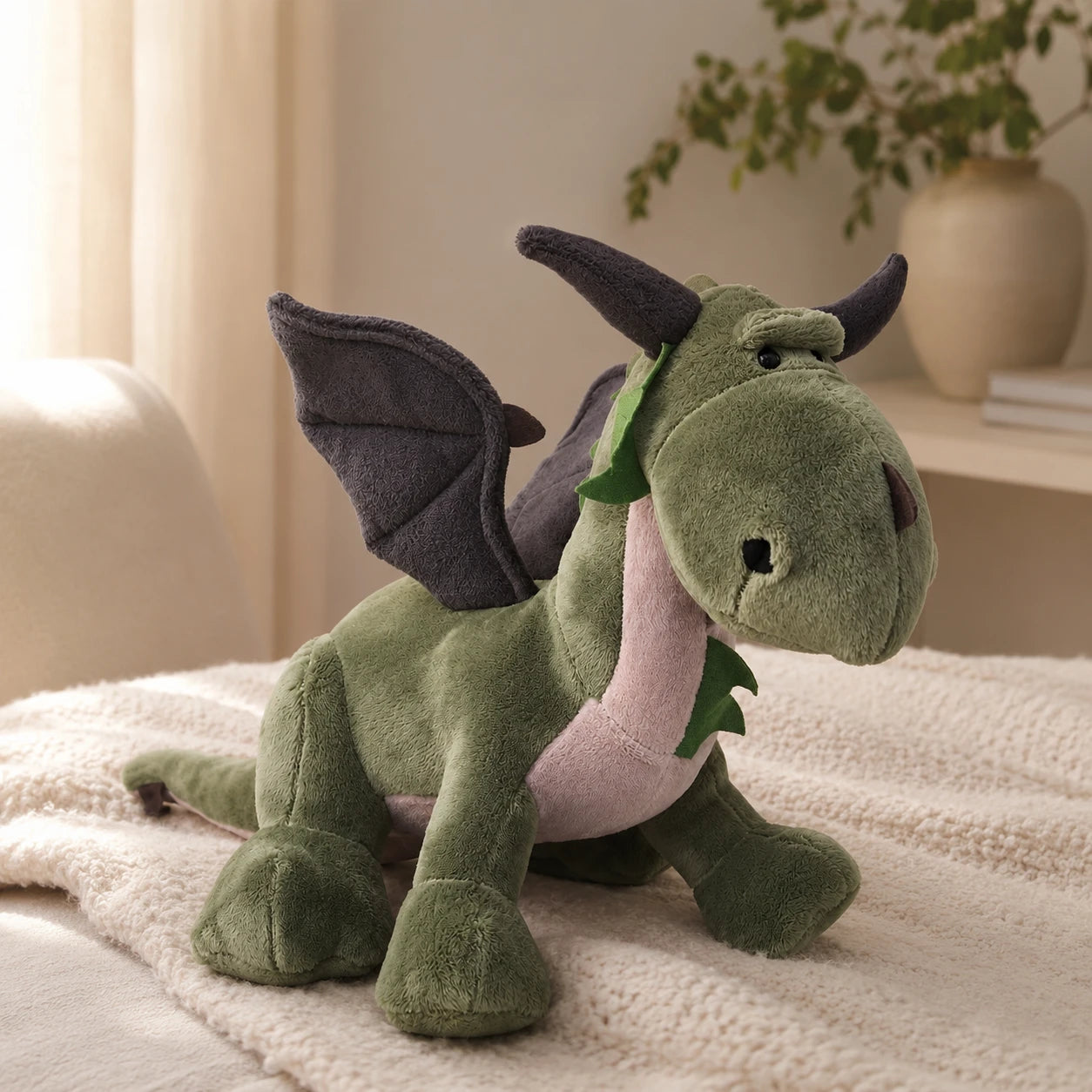 Peluche dragon vert en situation dans un interieur chaleureux