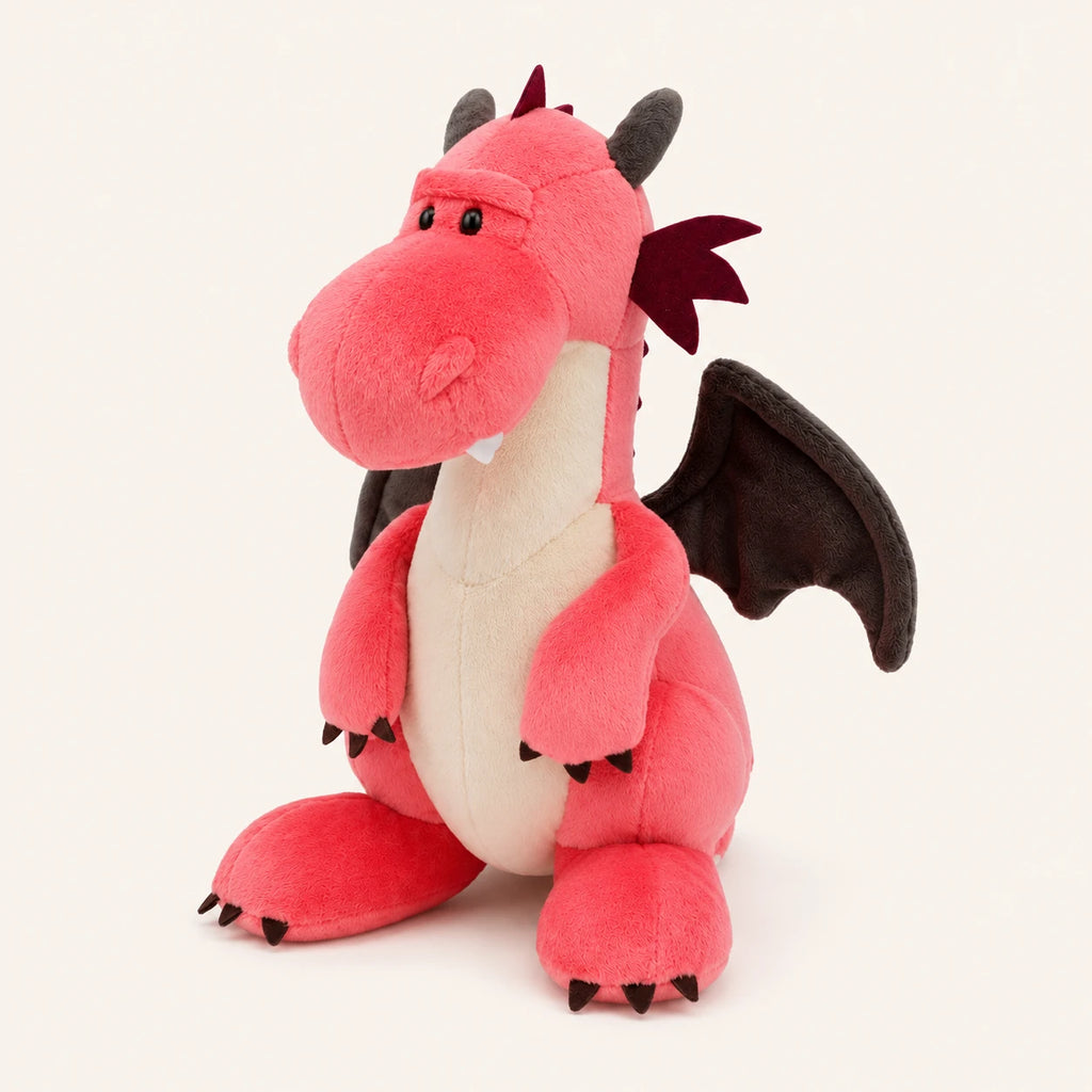 Peluche dragon rose corail vue de trois quarts