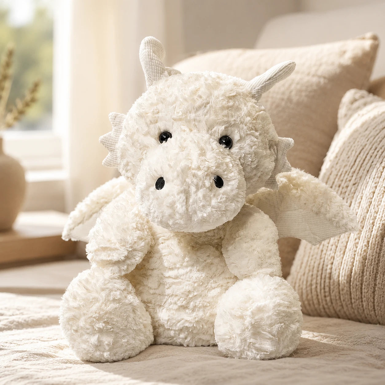 Peluche dragon blanc creme en situation dans un interieur