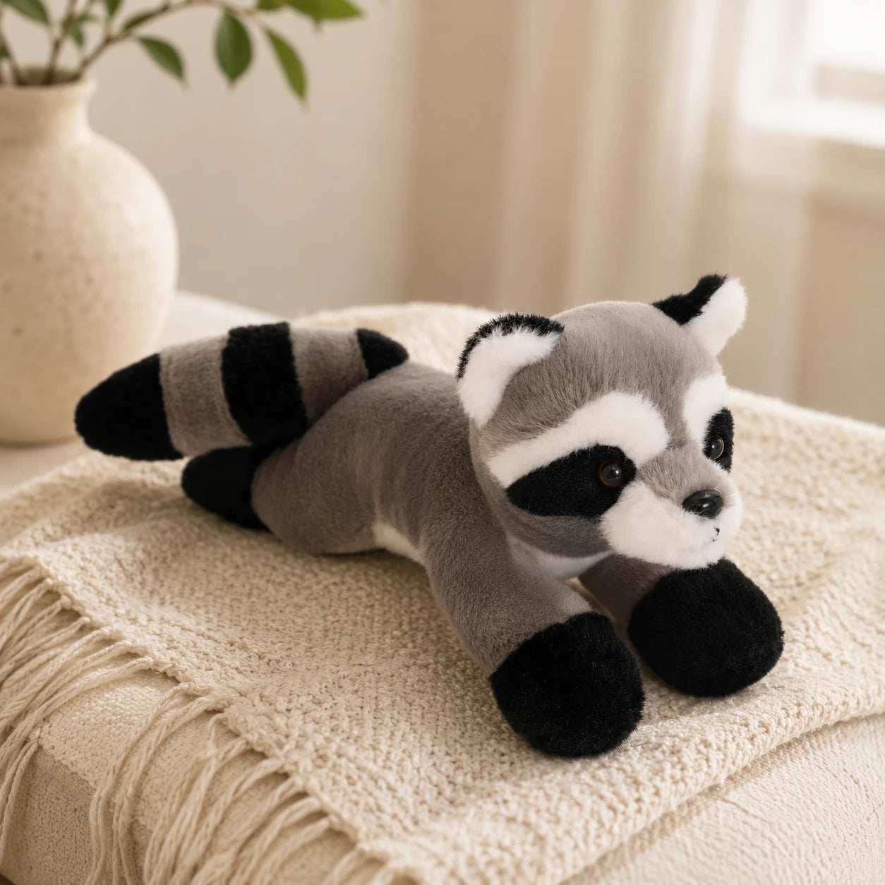 Peluche raton laveur en situation dans un interieur