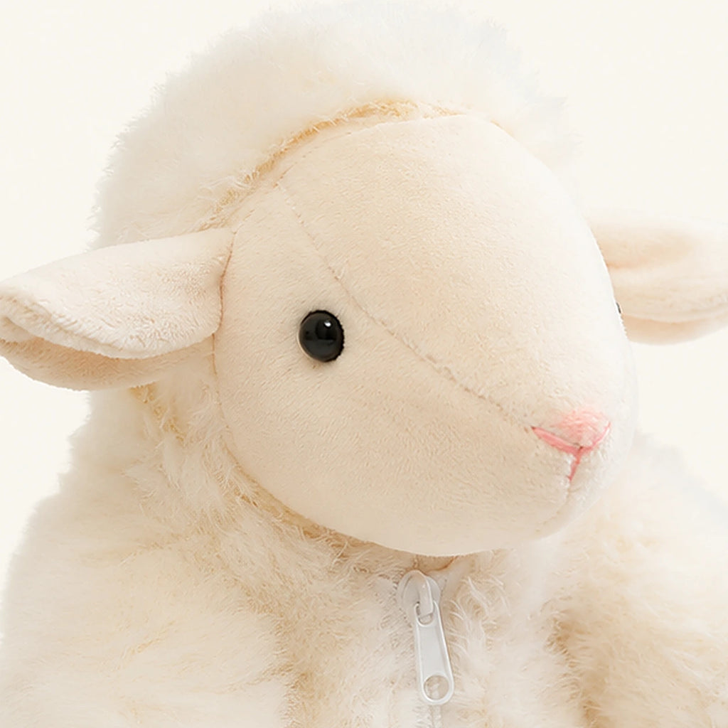 Gros plan sur le visage et la texture laineuse du mouton en peluche