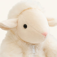 Gros plan sur le visage et la texture laineuse du mouton en peluche