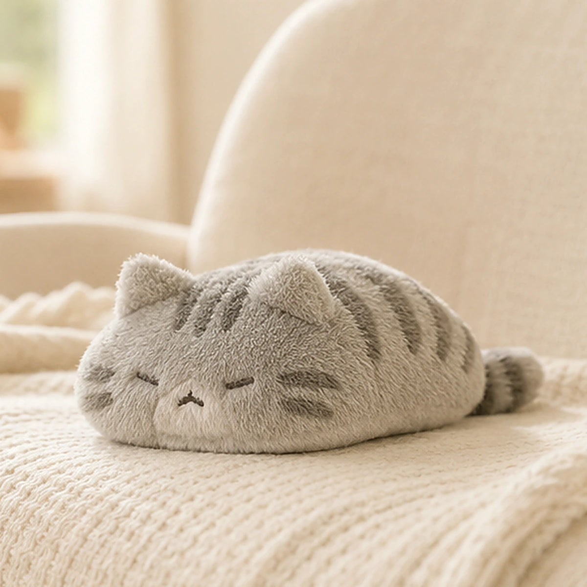 Peluche chat calin tigre gris en situation