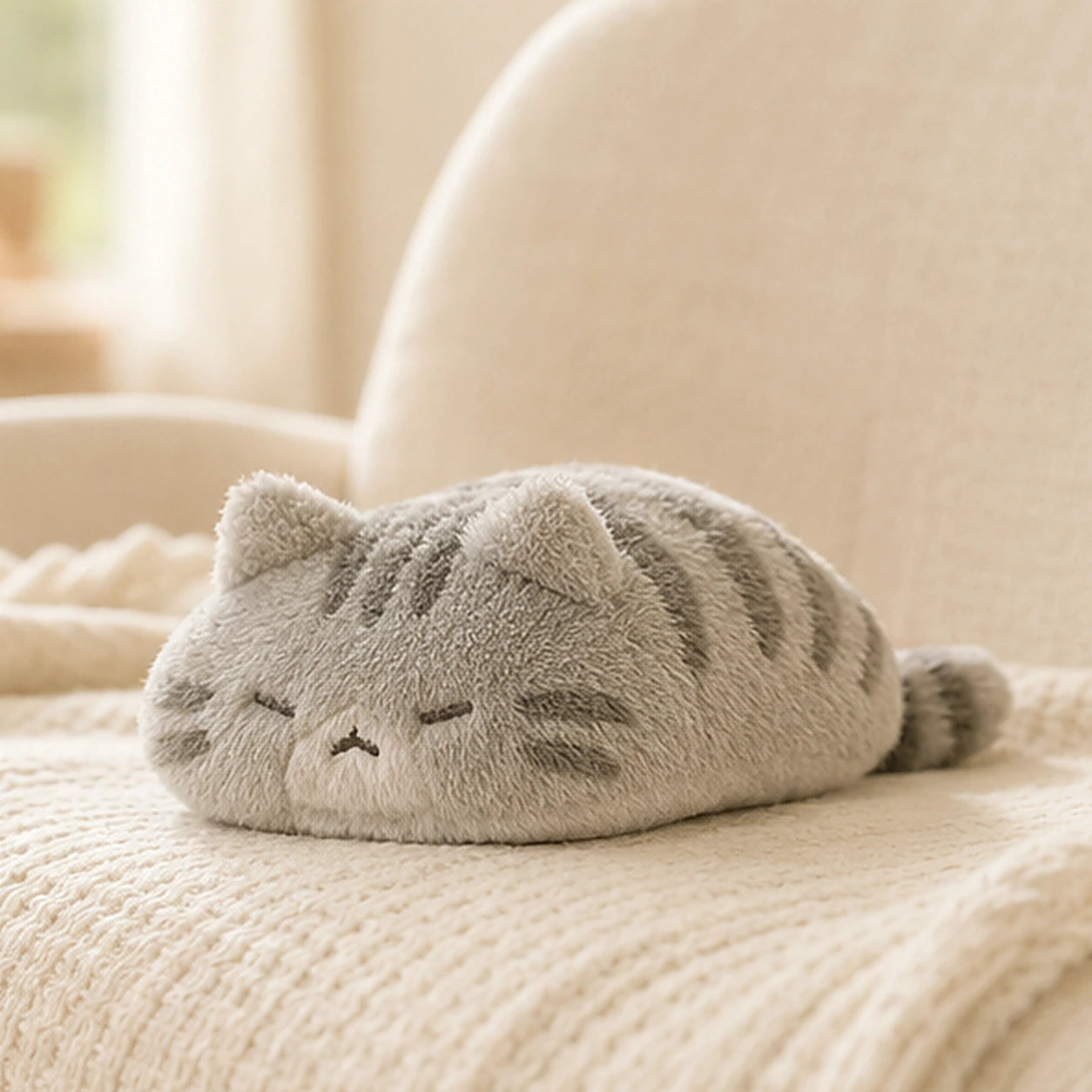 Peluche chat calin tigre gris en situation