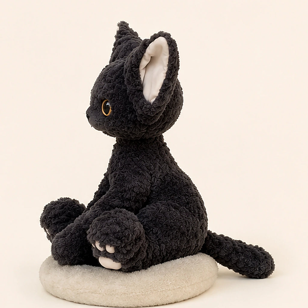 Peluche chat noir boucle vue de profil