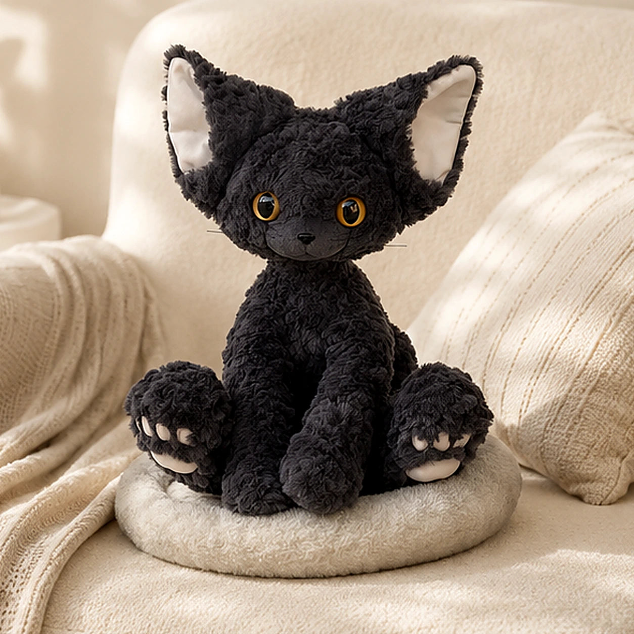 Peluche chat noir boucle en situation