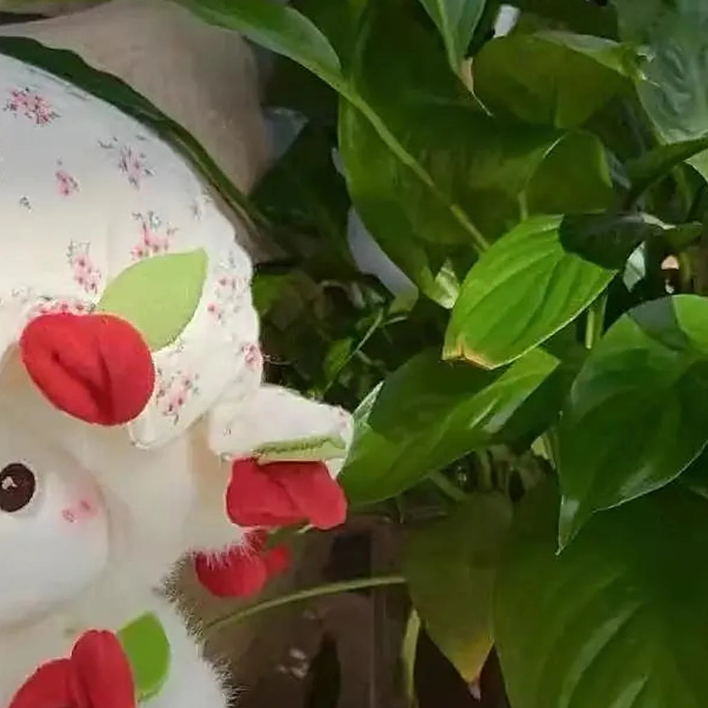 peluche agneau rouge avec roses vue de dos
