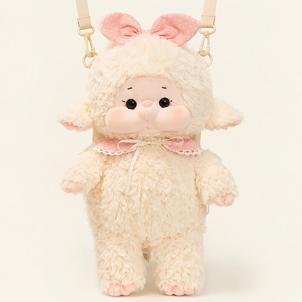 sac a dos peluche mouton blanc face