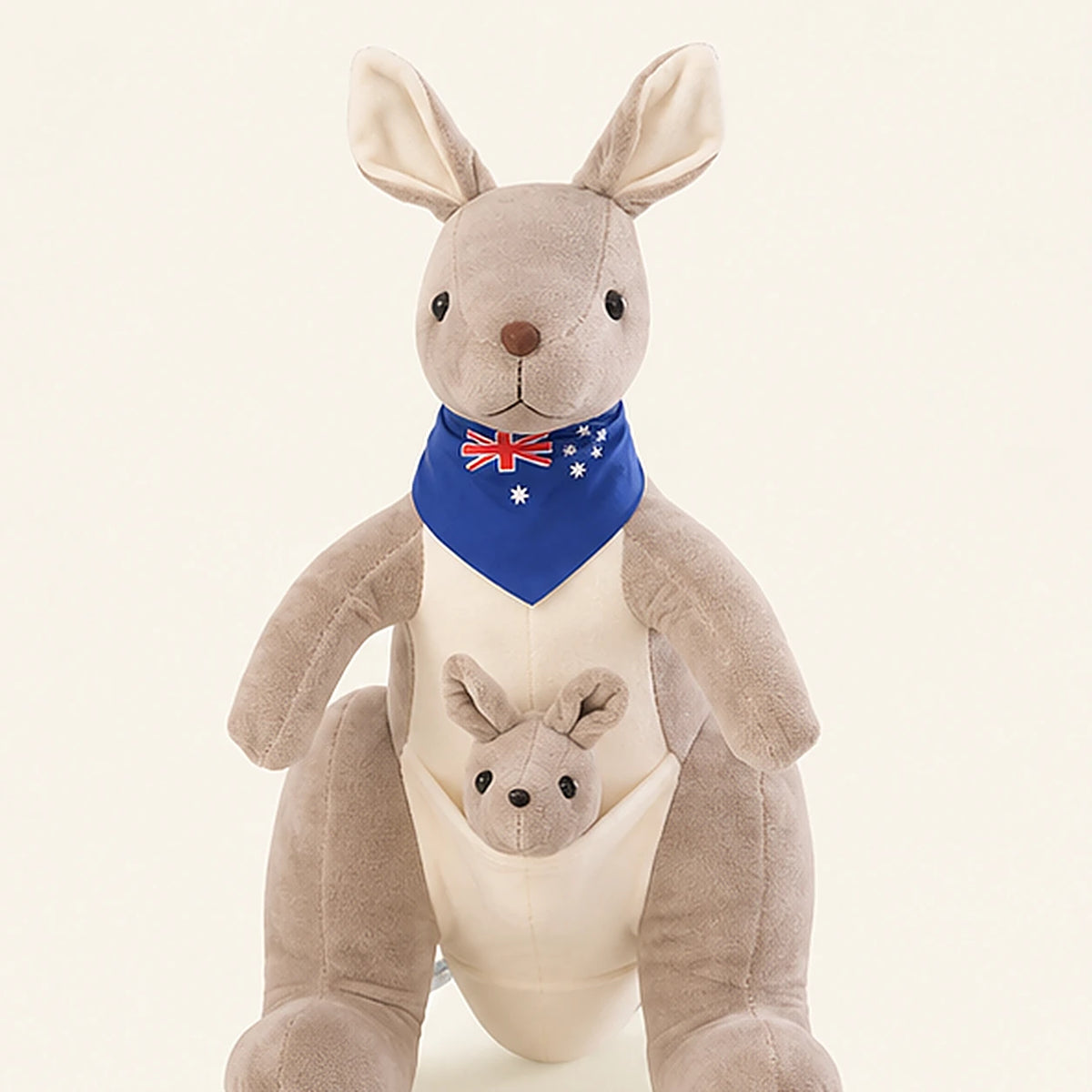 Peluche kangourou gris clair avec bebe 30 cm vue de face