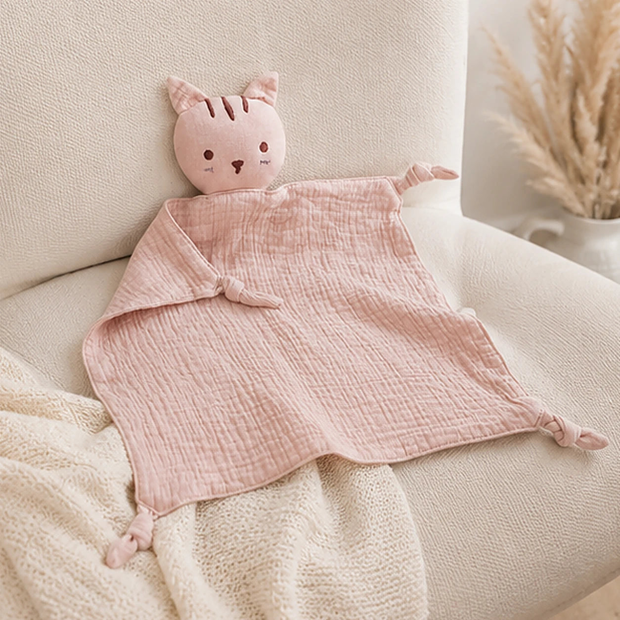 doudou plat chat mousseline rose en situation