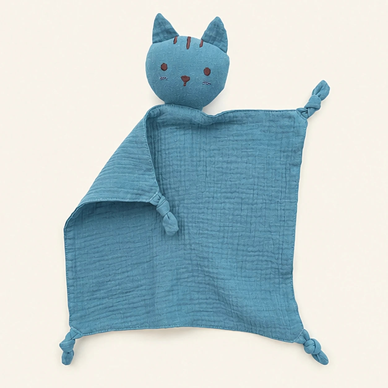 Doudou plat chat mousseline coton bleu encre - face