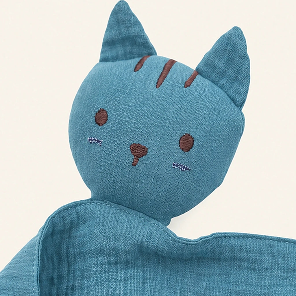Doudou plat chat mousseline coton bleu encre - detail