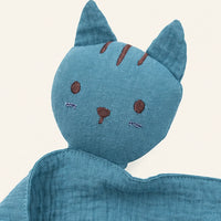 Doudou plat chat mousseline coton bleu encre - detail