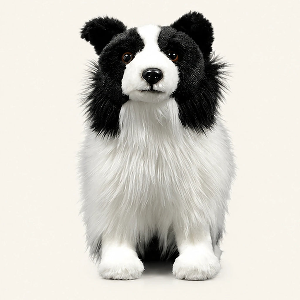 Peluche border collie noir et blanc realiste - face