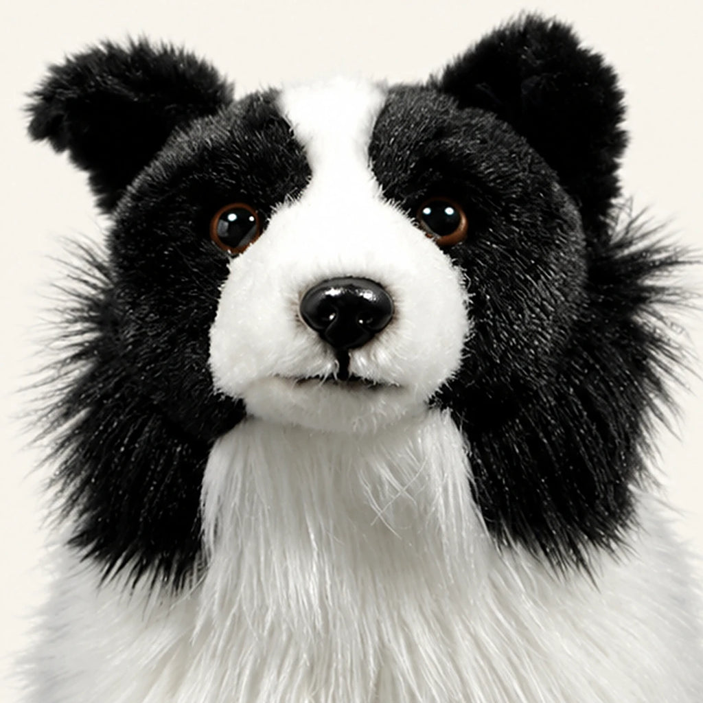 Peluche border collie noir et blanc realiste - detail