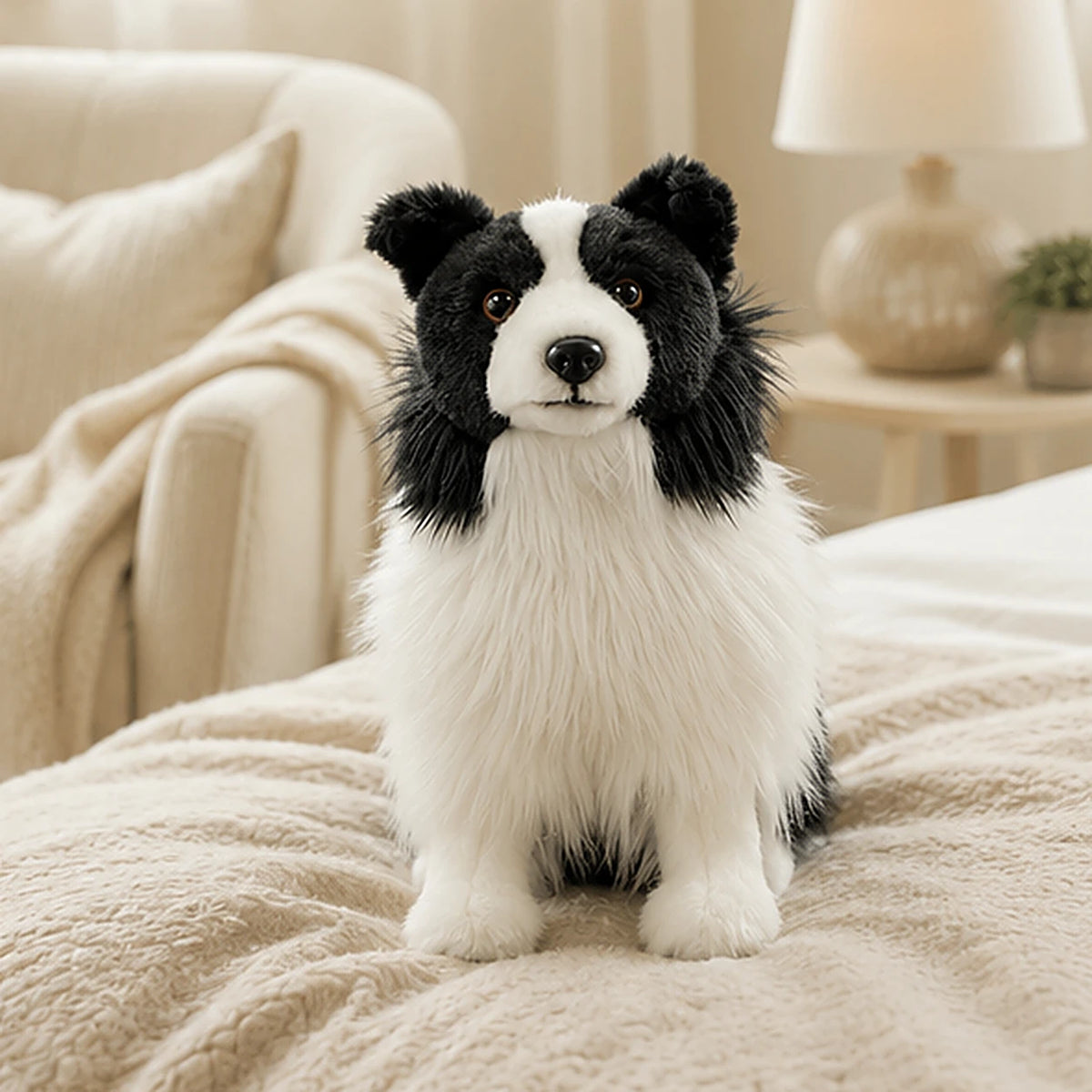 Peluche border collie noir et blanc realiste - situation